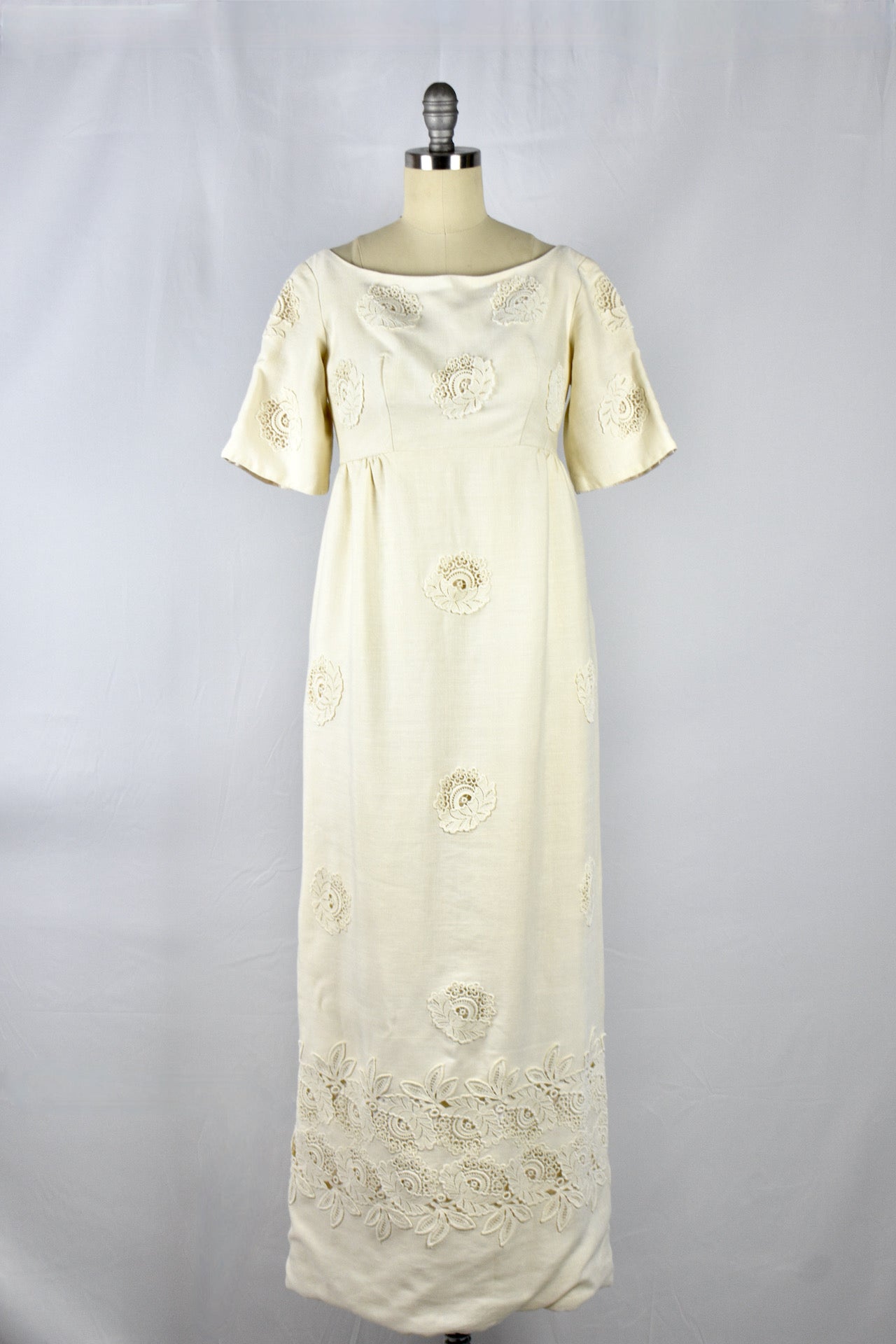 Elegant 1960 s Empire Waist Ivory Linen Wedding Gown With Lace and Tra Vintage World Rocks
