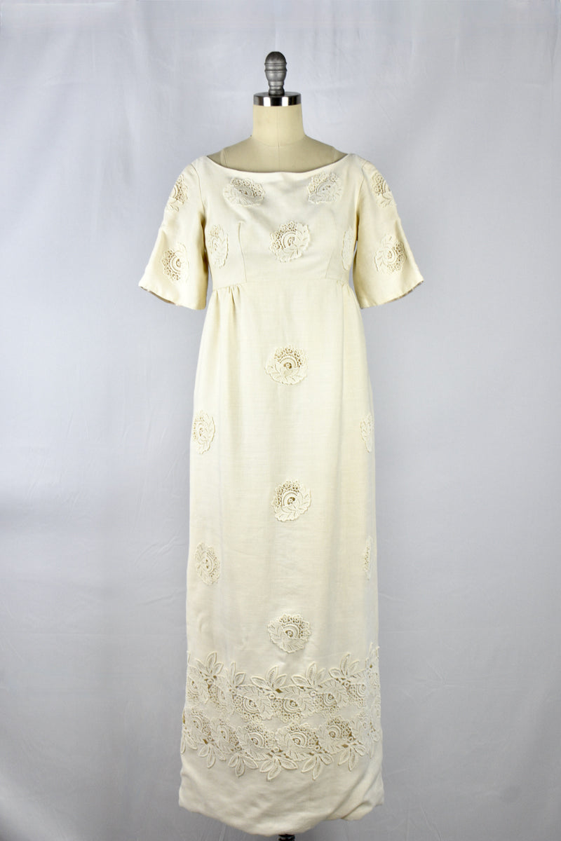 Elegant 1960's Empire Waist Ivory Linen Wedding Gown With Lace and Tra Vintage World Rocks Elegant 1960's Empire Waist Ivory Linen Wedding Gown With Lace and Tra Vintage World Rocks
