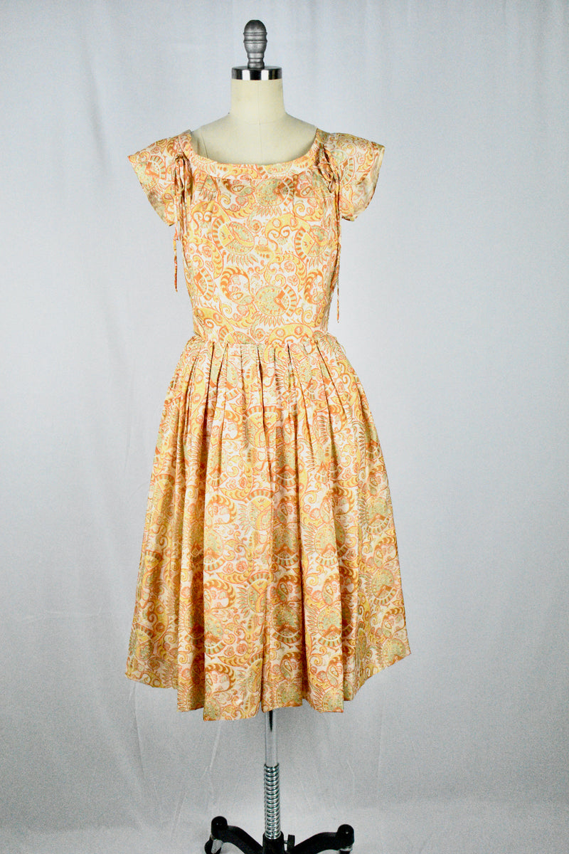 Vintage 1950s Sporcations by Barney Max California Paisley Print Orange All Silk Dress-XS
