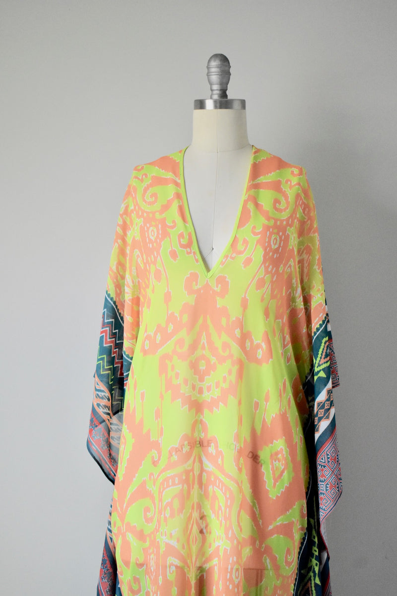 Hale Bob Cabana Lime Green Multi Ikat Print Open Side Caftan Dress