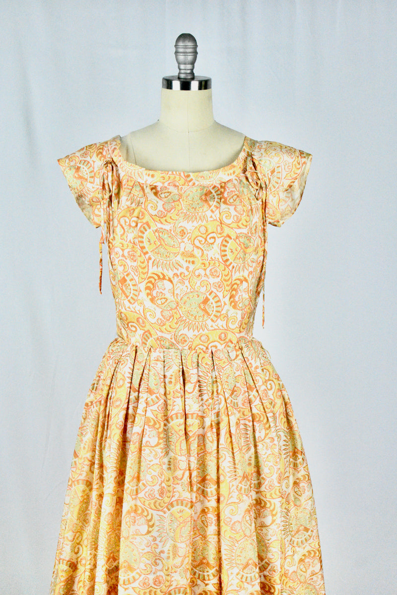 Vintage 1950s Sporcations by Barney Max California Paisley Print Orange All Silk Dress-XS