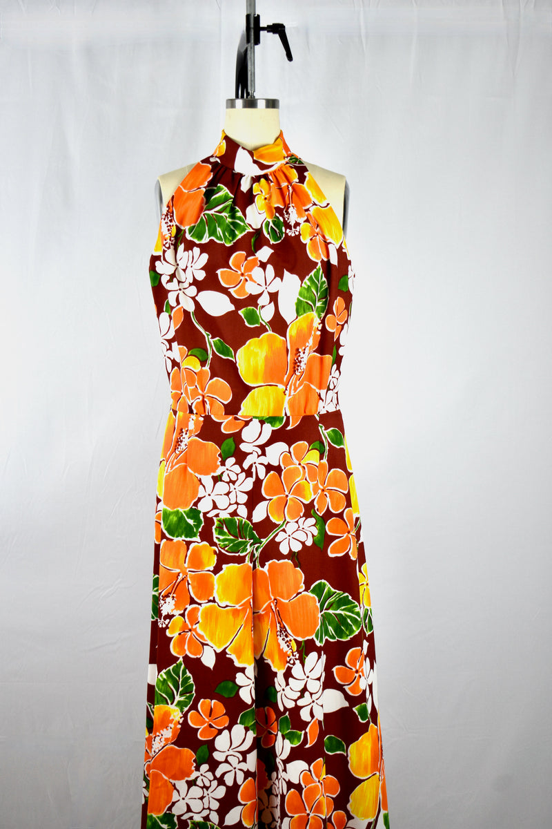 Vintage 1960s Orange/Brown Floral  Halter Jumpsuit