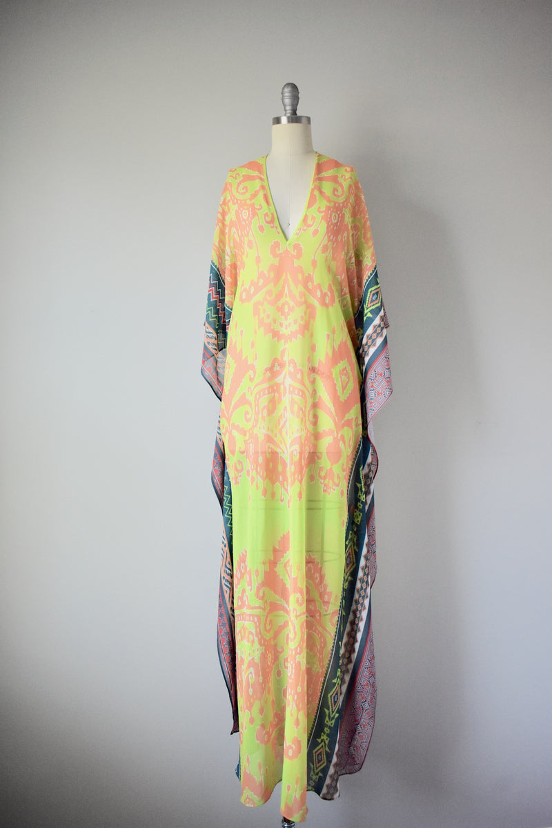 Hale Bob Cabana Lime Green Multi Ikat Print Open Side Caftan Dress
