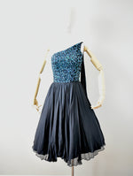 Vintage 1960s Black Chiffon Dress with Green Sequined Bodice