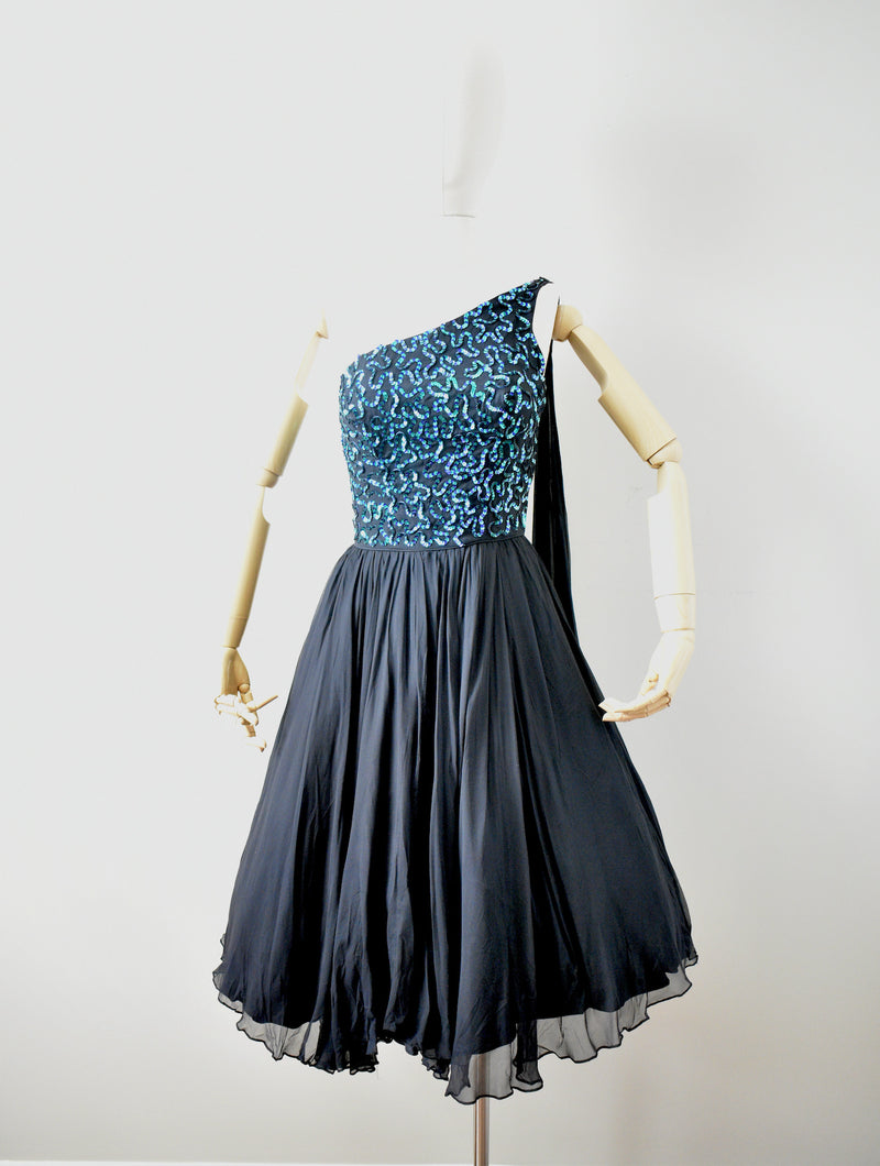 Vintage 1960s Black Chiffon Dress with Green Sequined Bodice