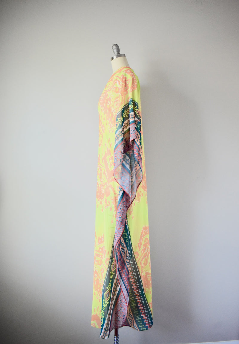 Hale Bob Cabana Lime Green Multi Ikat Print Open Side Caftan Dress