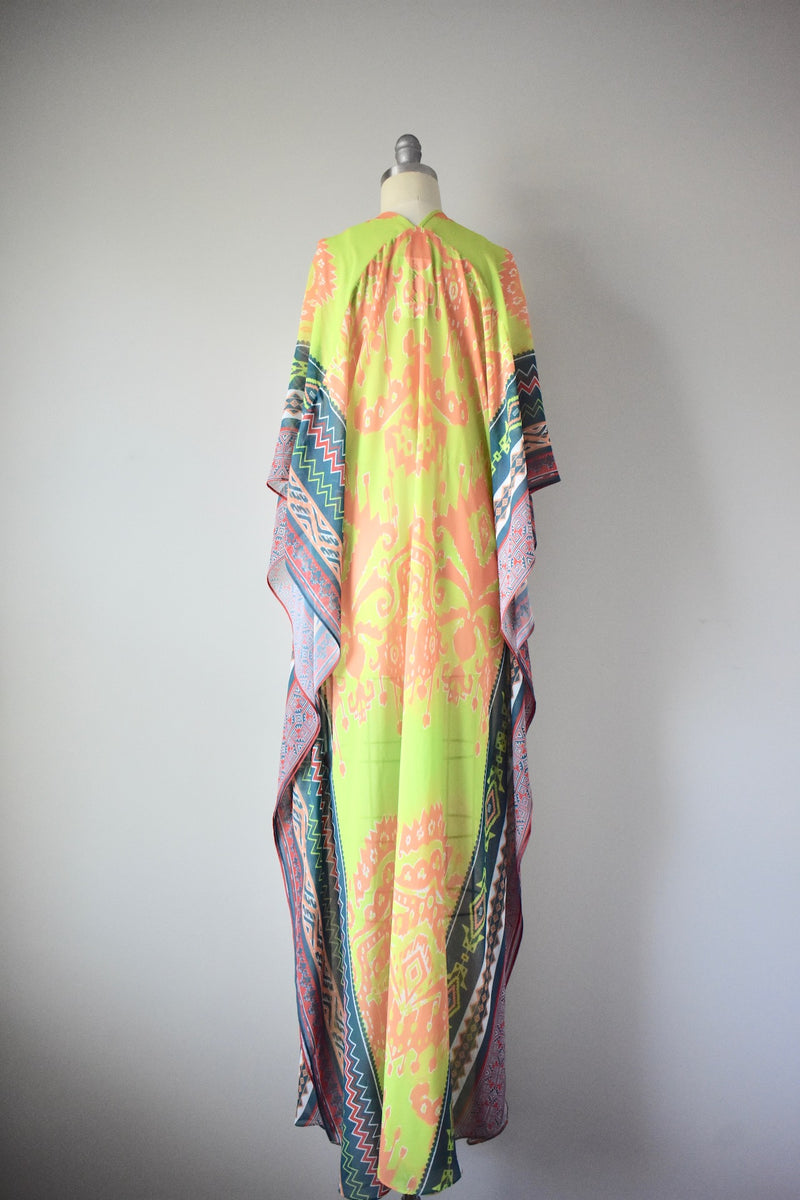 Hale Bob Cabana Lime Green Multi Ikat Print Open Side Caftan Dress Vintage World Rocks Hale Bob Cabana Lime Green Multi Ikat Print Open Side Caftan Dress Vintage World Rocks
