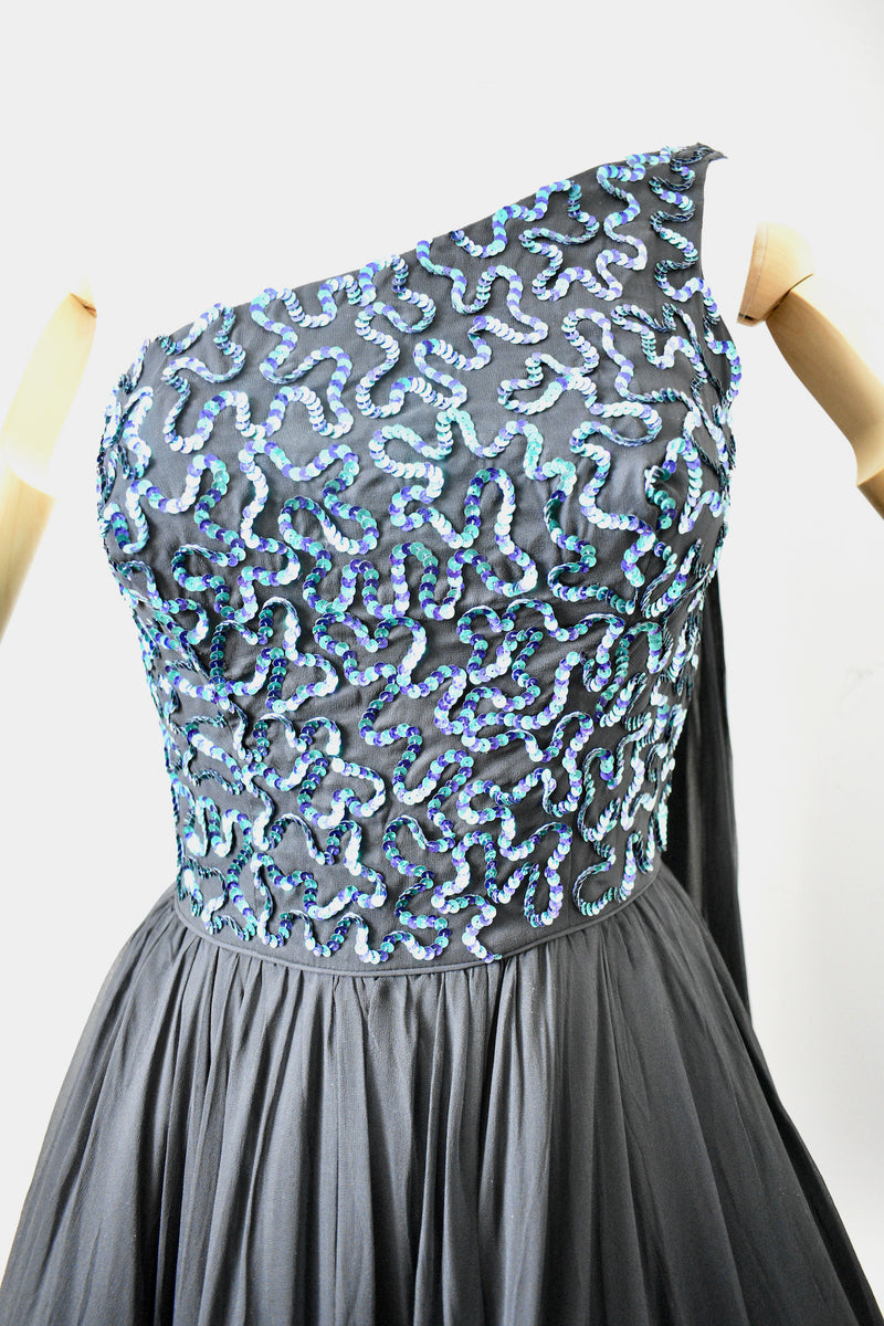 Vintage 1960s Black Chiffon Dress with Green Sequined Bodice