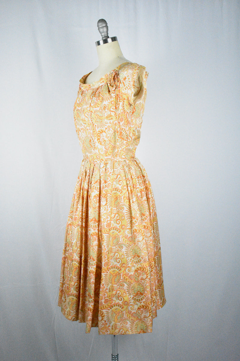 Vintage 1950s Sporcations by Barney Max California Paisley Print Orange All Silk Dress-XS