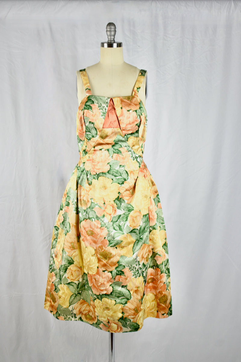 Vintage 1950s Floral Gold Satin Sleeveless Dress by British Designer Paul Jonas