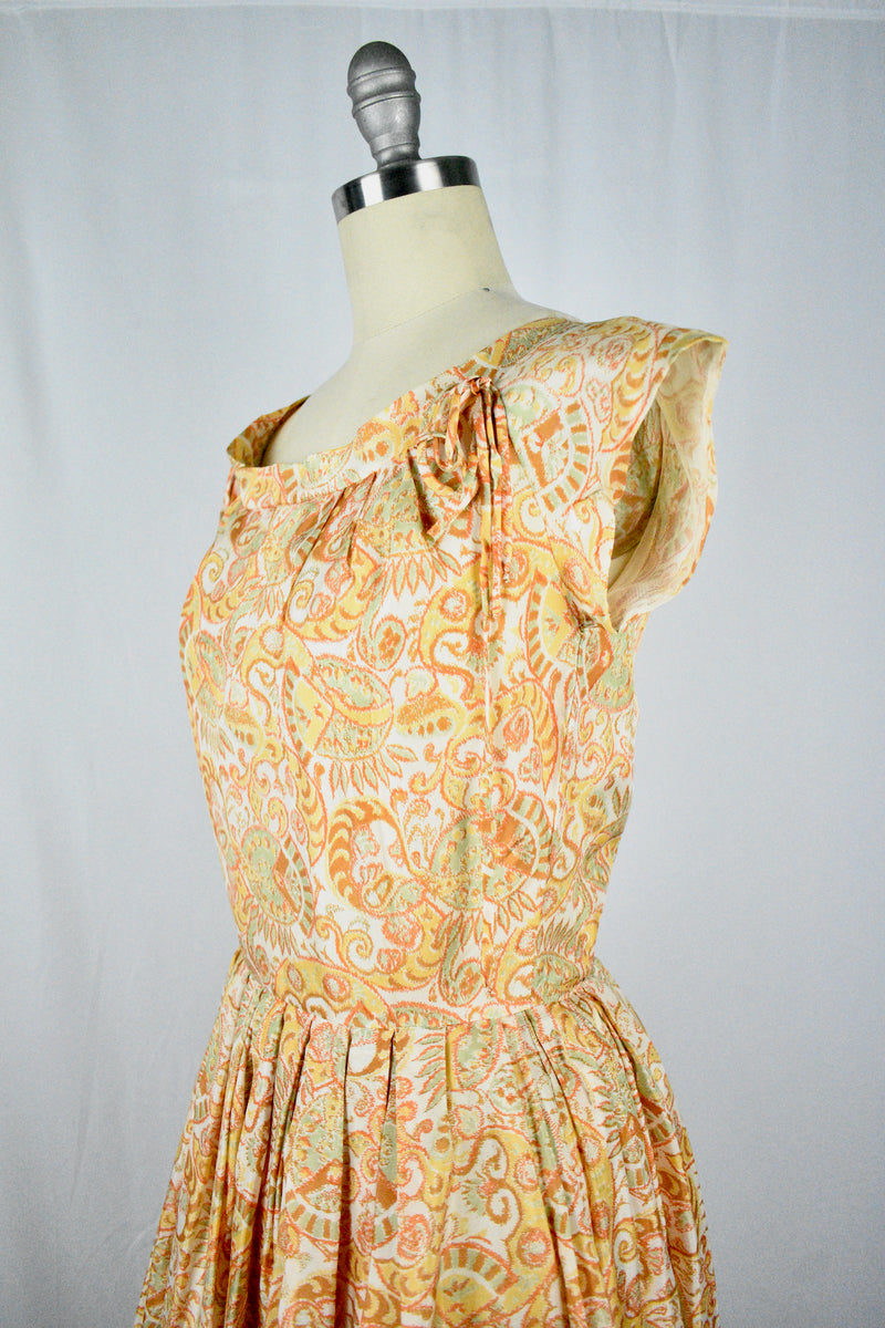 Vintage 1950s Sporcations by Barney Max California Paisley Print Orange All Silk Dress-XS