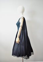 Vintage 1960s Black Chiffon Dress with Green Sequined Bodice