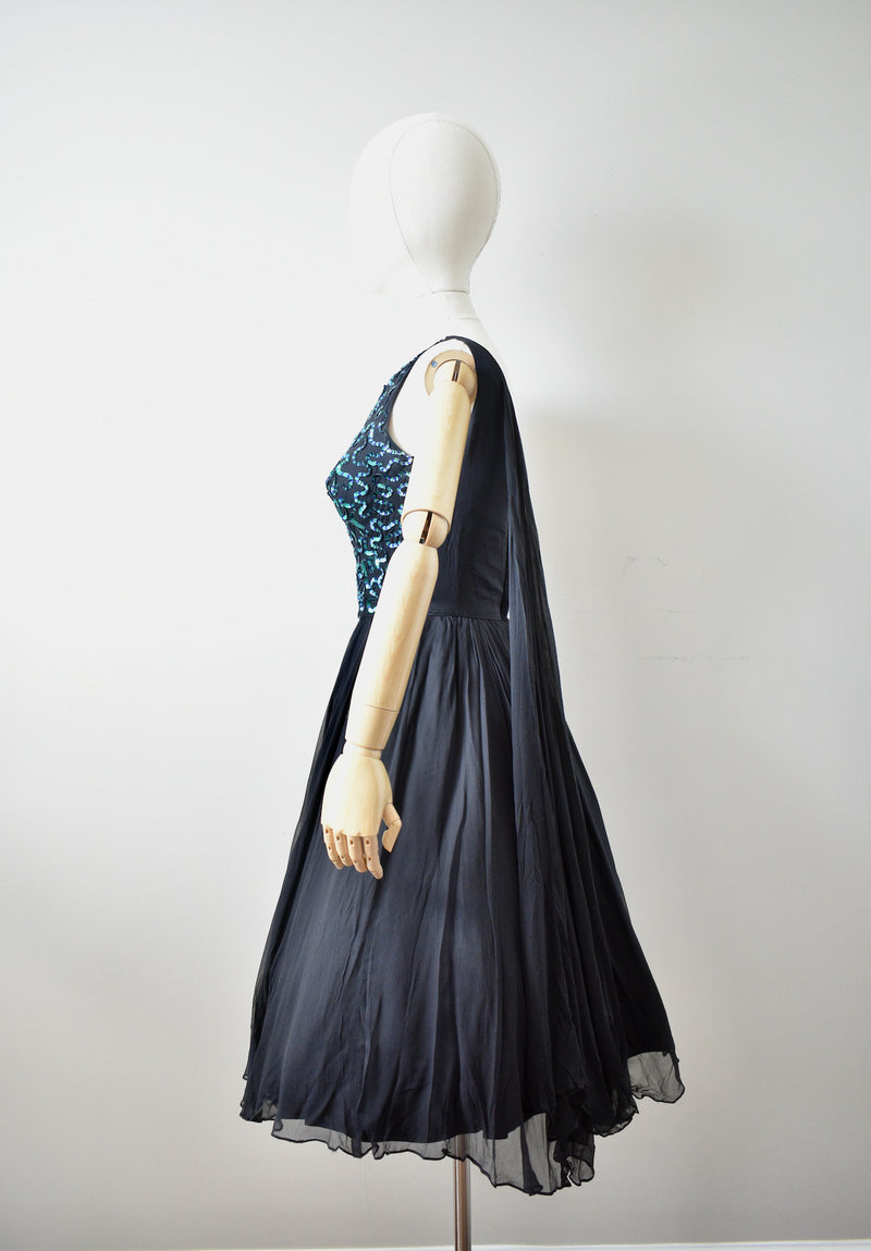 Vintage 1960s Black Chiffon Dress with Green Sequined Bodice