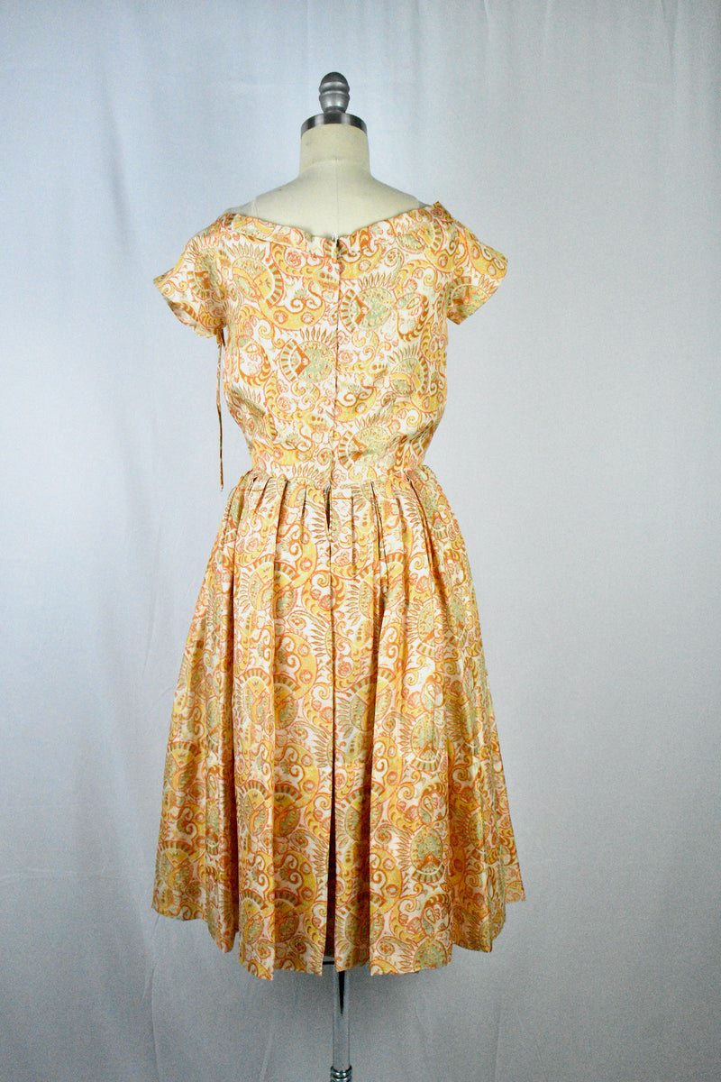 Vintage 1950s Sporcations by Barney Max California Paisley Print Orange All Silk Dress-XS