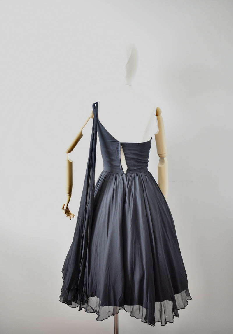 Vintage 1960s Black Chiffon Dress with Green Sequined Bodice