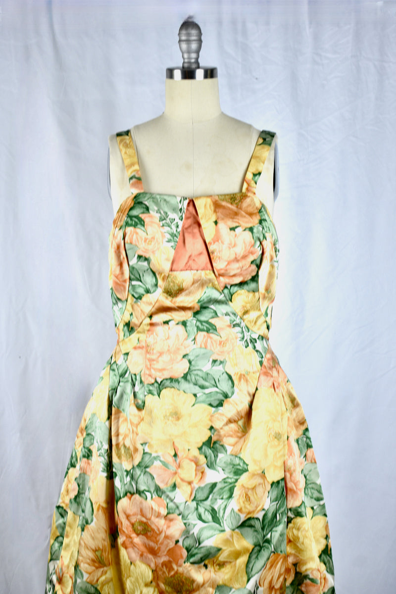 Vintage 1950s Floral Gold Satin Sleeveless Dress by British Designer Paul Jonas