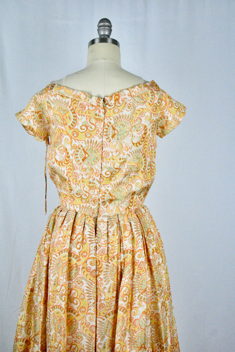 Vintage 1950s Sporcations by Barney Max California Paisley Print Orange All Silk Dress-XS