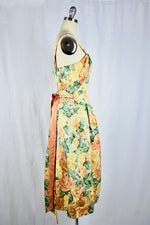 Vintage 1950s Floral Gold Satin Sleeveless Dress by British Designer Paul Jonas