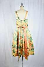 Vintage 1950s Floral Gold Satin Sleeveless Dress by British Designer Paul Jonas