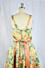 Vintage 1950s Floral Gold Satin Sleeveless Dress by British Designer Paul Jonas