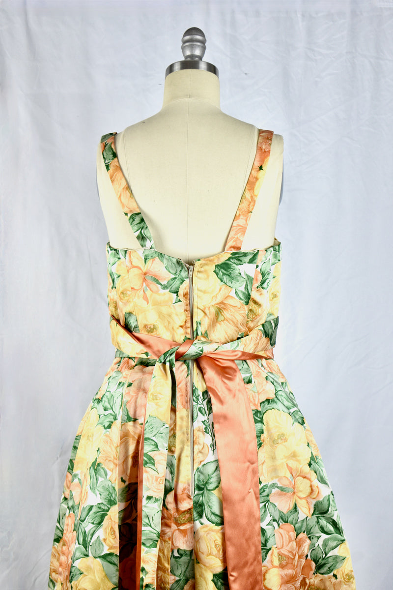 Vintage 1950s Floral Gold Satin Sleeveless Dress by British Designer Paul Jonas