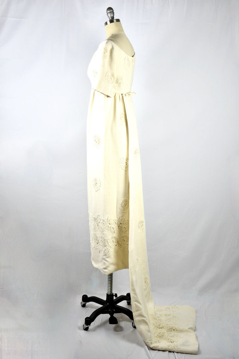 Elegant 1960's Empire Waist Ivory Linen Wedding Gown With Lace and Tra Vintage World Rocks Elegant 1960's Empire Waist Ivory Linen Wedding Gown With Lace and Tra Vintage World Rocks