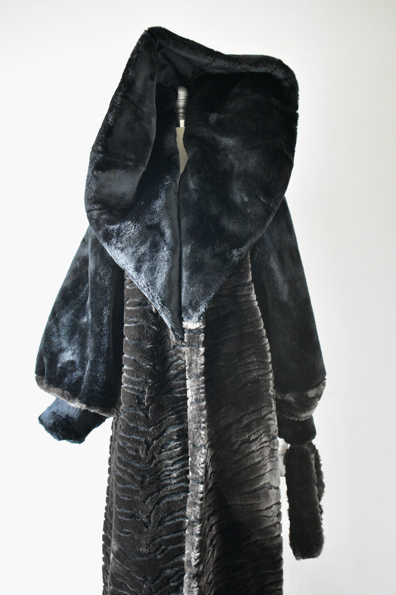 Vintage 1980s Monterey Faux Fur Black Coat With Hood
