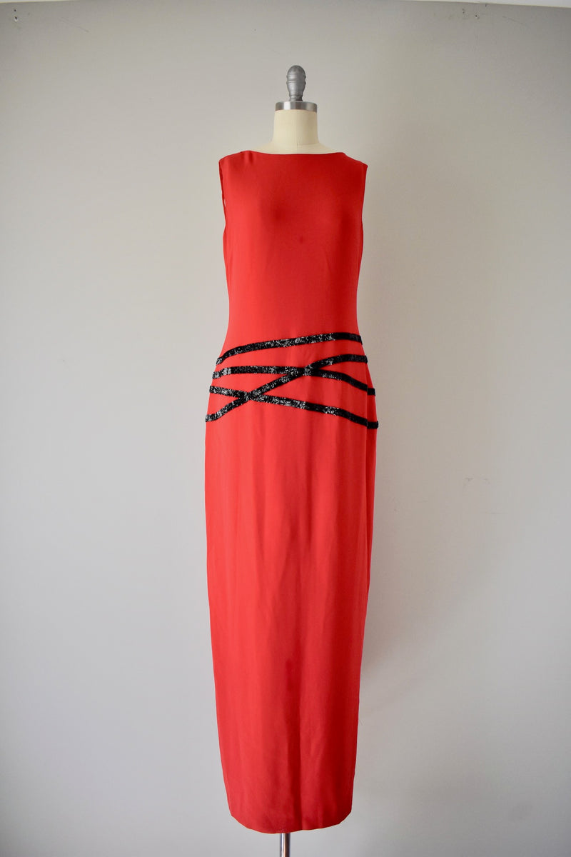 Halston Red Crepe Embroidered Dress, ca. 1990