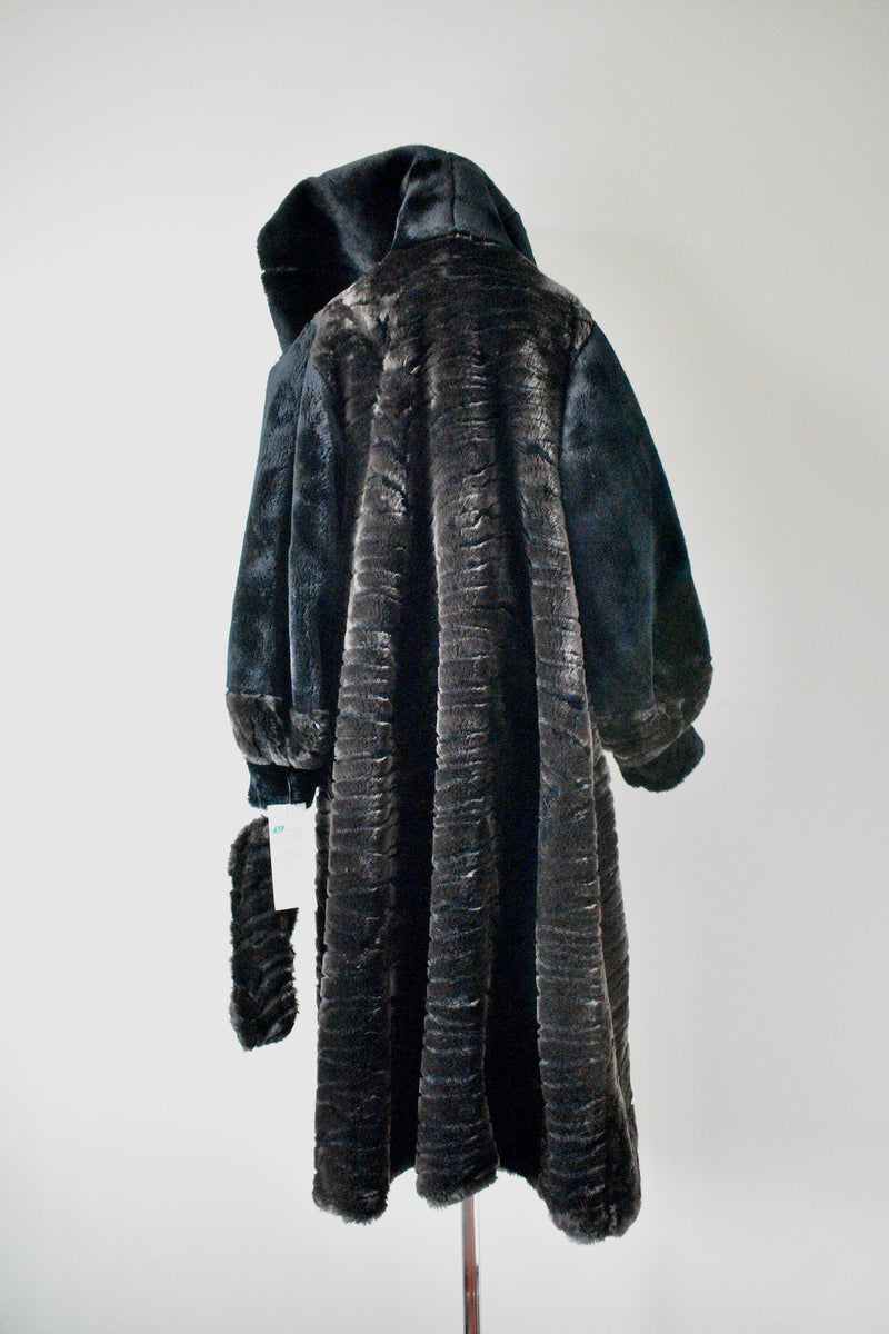 Vintage 1980s Monterey Faux Fur Black Coat With Hood