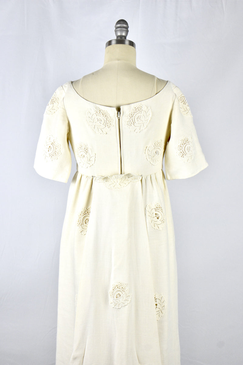 Elegant 1960's Empire Waist Ivory Linen Wedding Gown With Lace and Tra Vintage World Rocks Elegant 1960's Empire Waist Ivory Linen Wedding Gown With Lace and Tra Vintage World Rocks