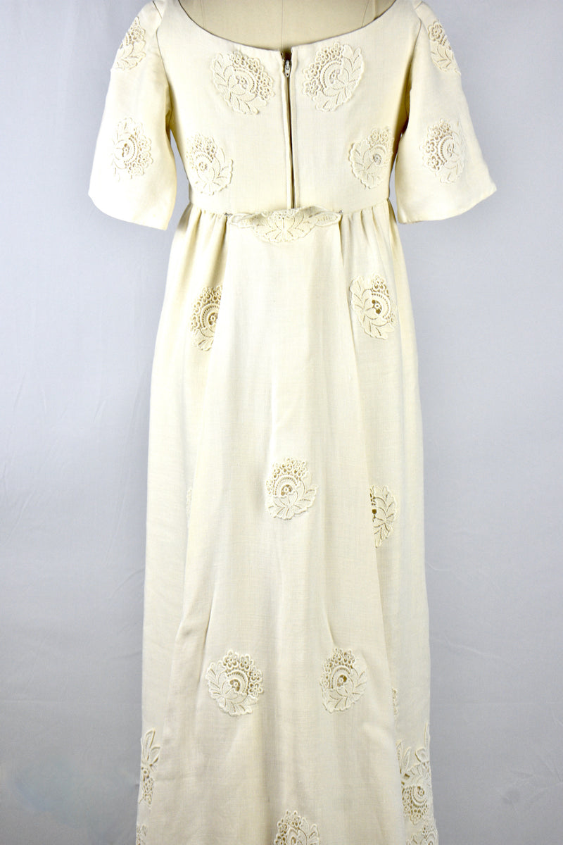 Elegant 1960's Empire Waist Ivory Linen Wedding Gown With Lace and Tra Vintage World Rocks Elegant 1960's Empire Waist Ivory Linen Wedding Gown With Lace and Tra Vintage World Rocks