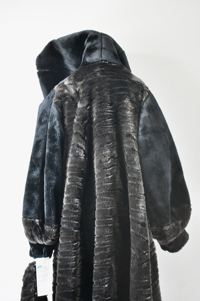 Vintage 1980s Monterey Faux Fur Black Coat With Hood