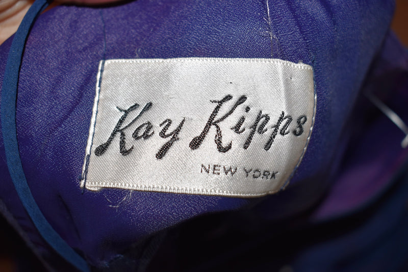 Vintage 1970s Kay Kipps Navy Blue Empire Dress with Rhinestones