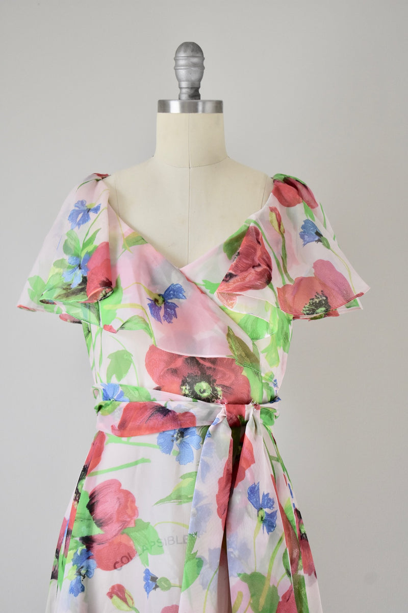 Vintage 1970s Sheer Floral Print Dress- Size Small/ Medium