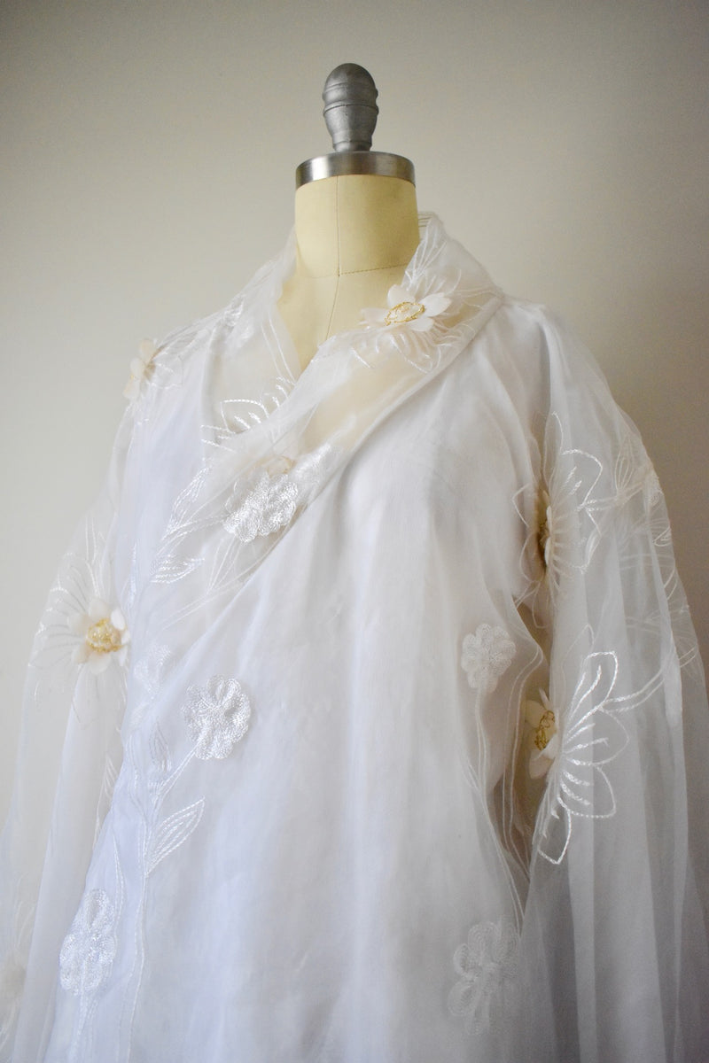 Vintage 1980s Poly White Floral Applique Kimono