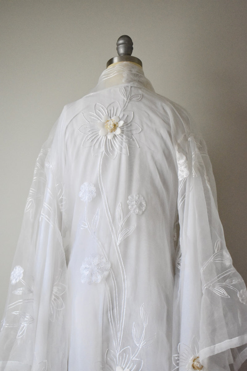 Vintage 1980s Poly White Floral Applique Kimono
