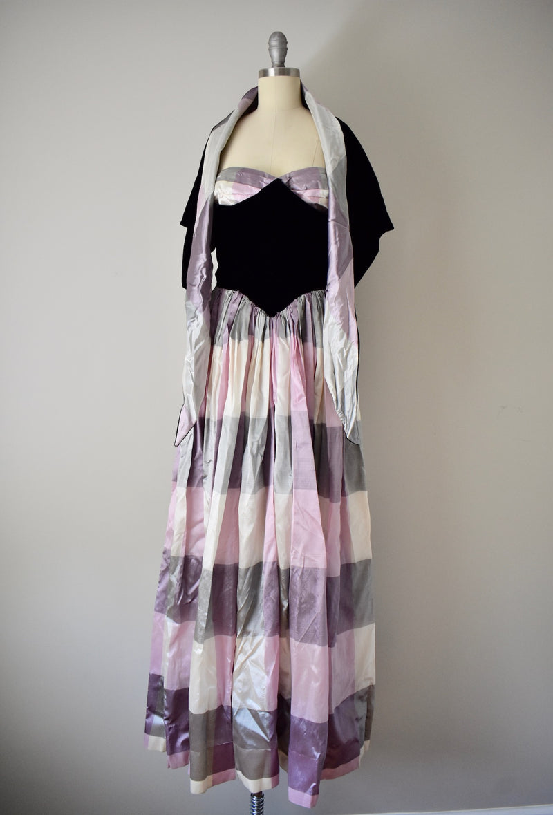 Vintage 1960s MultiColor Lavender Black Velvet Gown