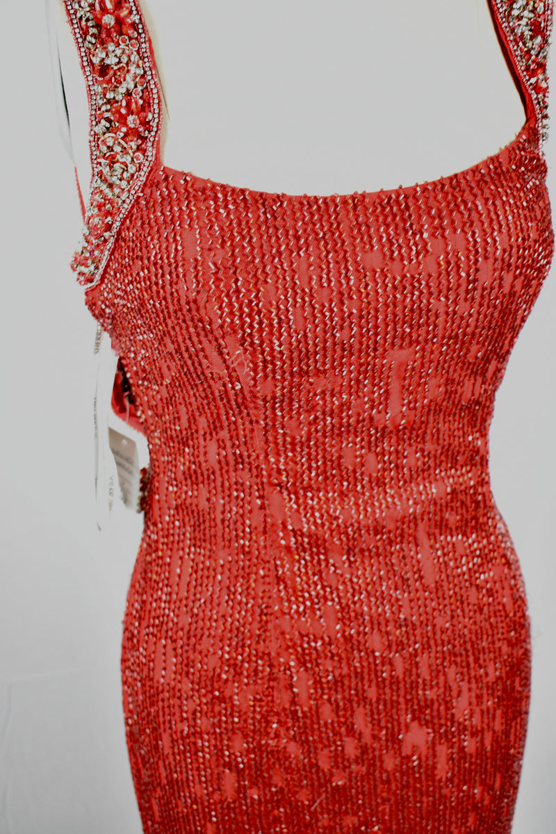 1930s Style Ruby Red Glass Beaded Silk Jersey Bejeweled Evening Gown Dress circa 2010s