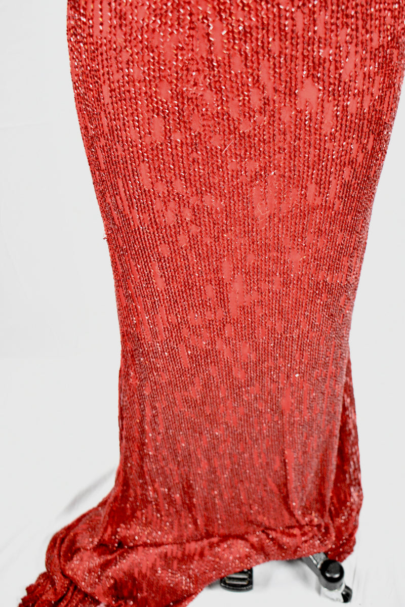 1930s Style Ruby Red Glass Beaded Silk Jersey Bejeweled Evening Gown Dress circa 2010s