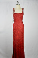 1930s Style Ruby Red Glass Beaded Silk Jersey Bejeweled Evening Gown Dress circa 2010s