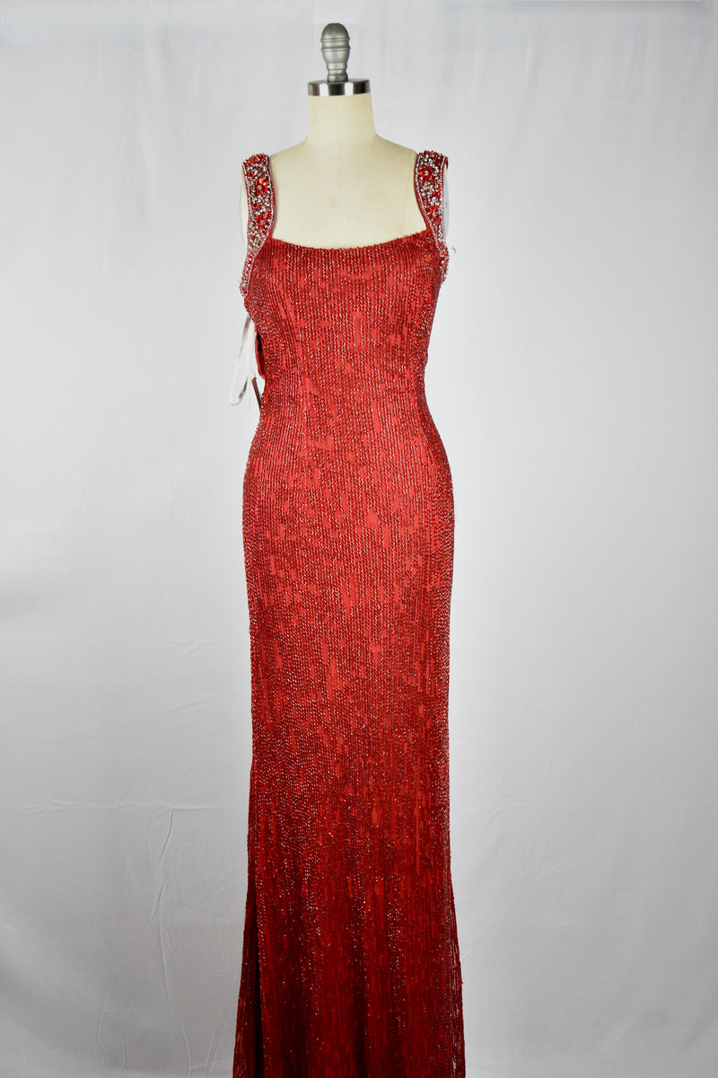 1930s Style Ruby Red Glass Beaded Silk Jersey Bejeweled Evening Gown Dress circa 2010s