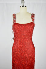 1930s Style Ruby Red Glass Beaded Silk Jersey Bejeweled Evening Gown Dress circa 2010s