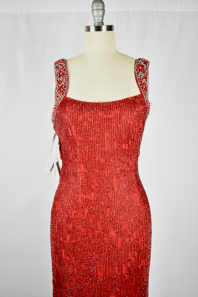 1930s Style Ruby Red Glass Beaded Silk Jersey Bejeweled Evening Gown Dress circa 2010s
