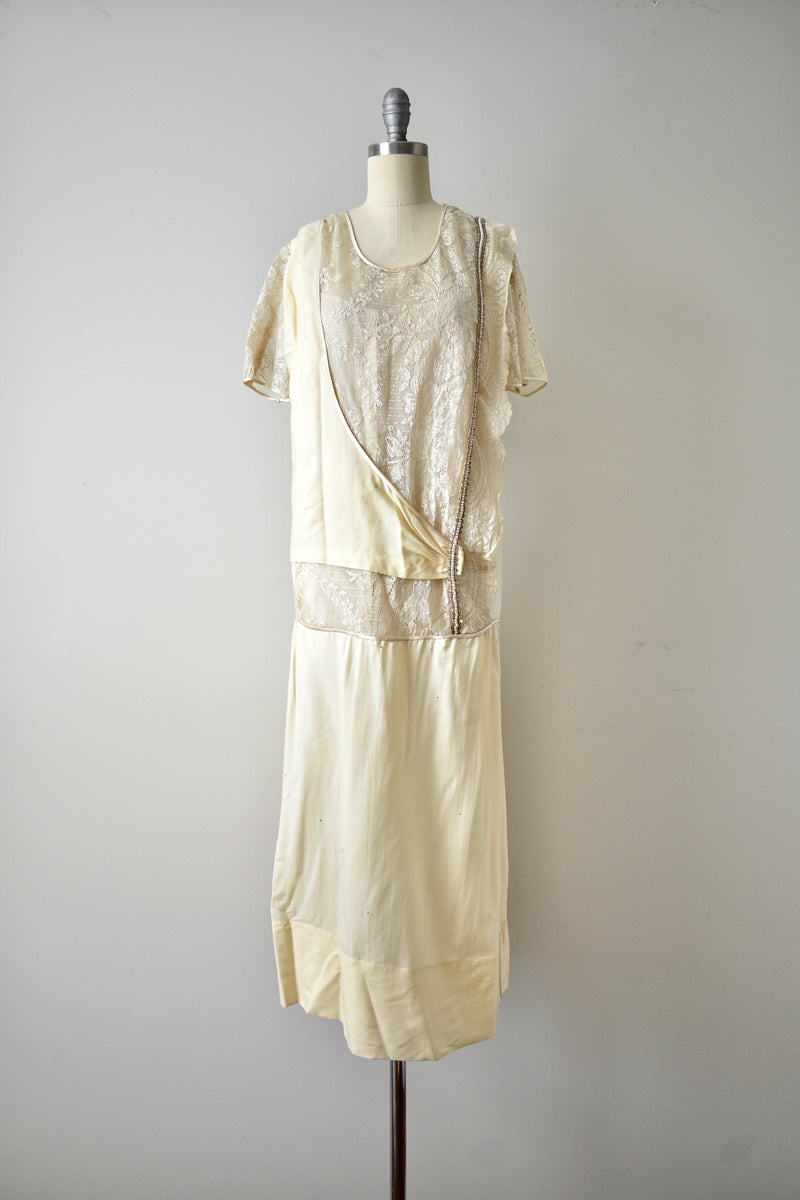 Vintage 1920s Rare Cream Wool Challis Wedding Dress w/ card