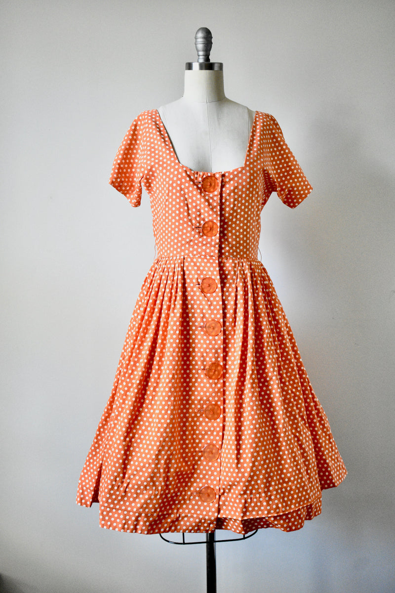 Vintage 1950s Orange Polka Dot Novelty Day Dress by Dress Town INC