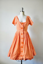 Vintage 1950s Orange Polka Dot Novelty Day Dress by Dress Town INC