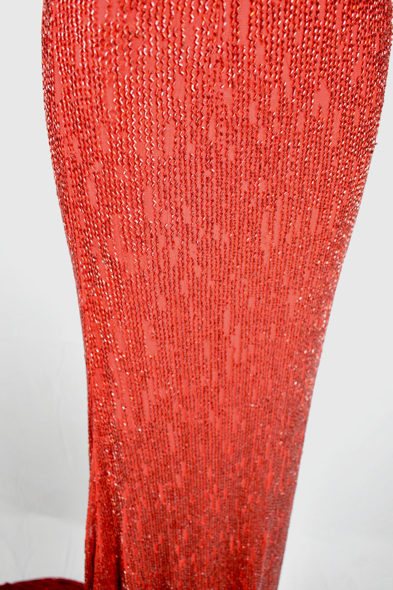 1930s Style Ruby Red Glass Beaded Silk Jersey Bejeweled Evening Gown Dress circa 2010s