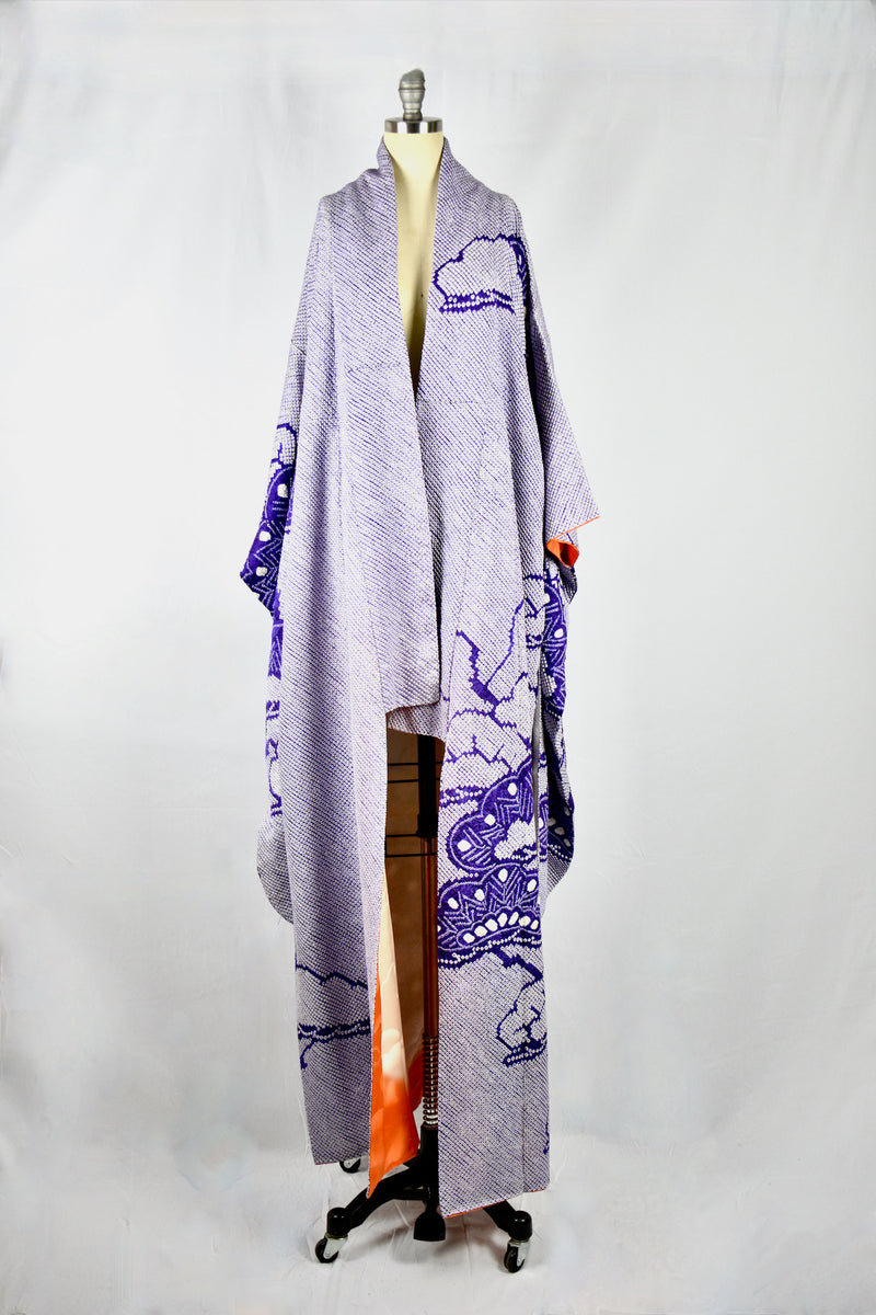 Vintage 1940's Purple Hand Threaded Silk Kimono Wrapper / OS