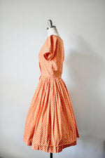 Vintage 1950s Orange Polka Dot Novelty Day Dress by Dress Town INC