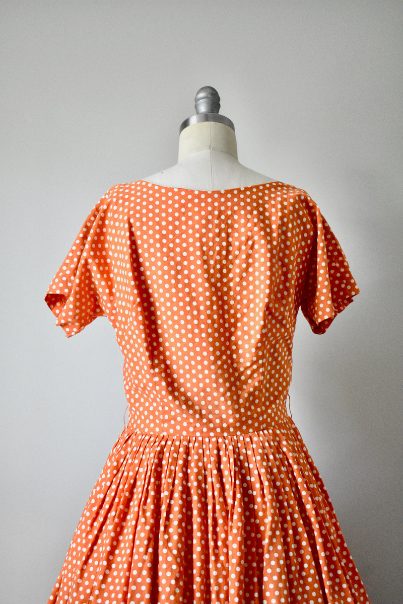 Vintage 1950s Orange Polka Dot Novelty Day Dress by Dress Town INC